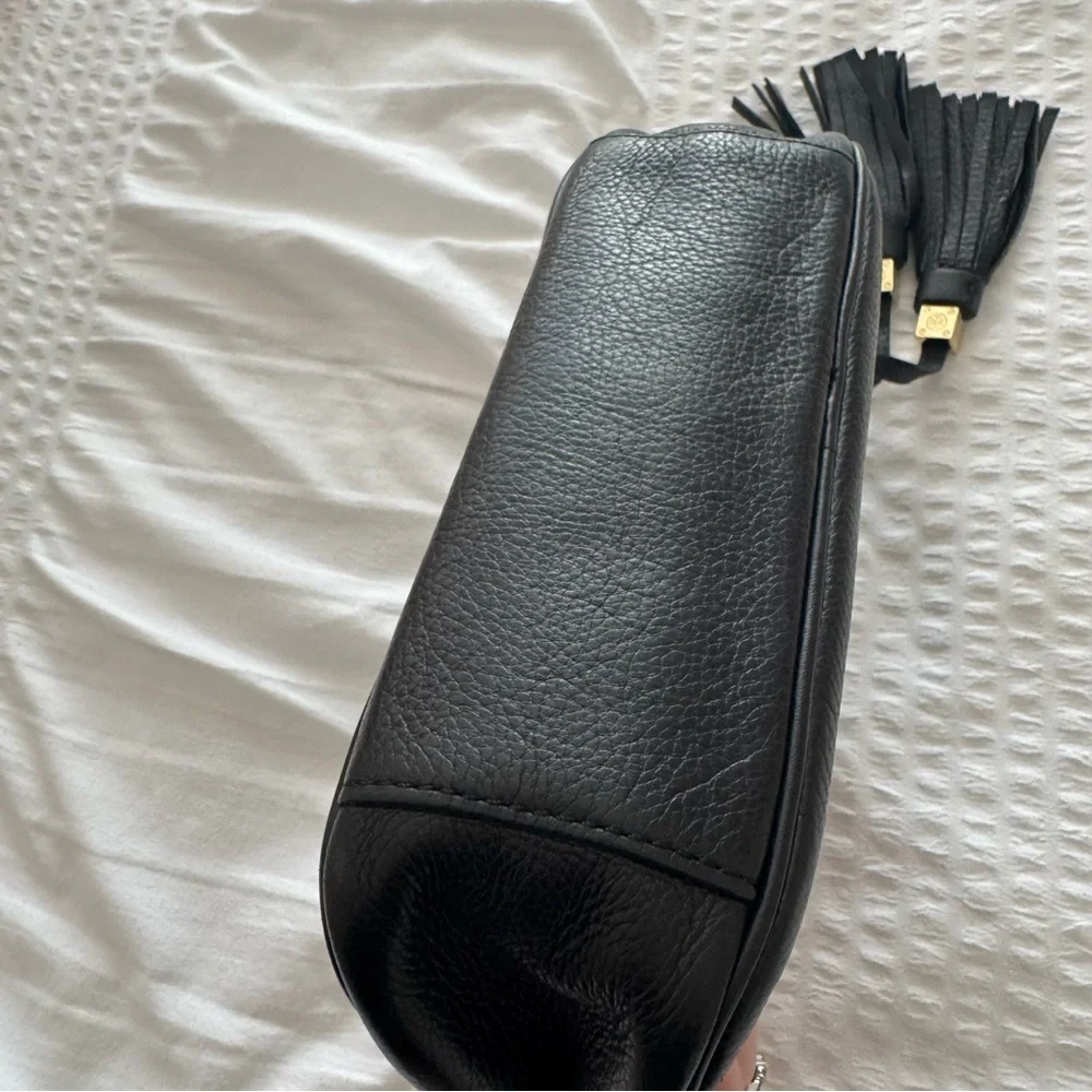 Tory Burch Thea Black Leather Crossbody Bag with Chain Strap and tassel